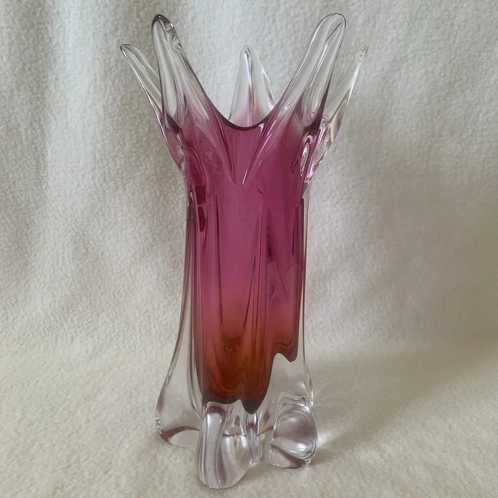 Czech Bohemian Josef Hospodka Chribska Starburst Art Glass Pink/Crystal 12